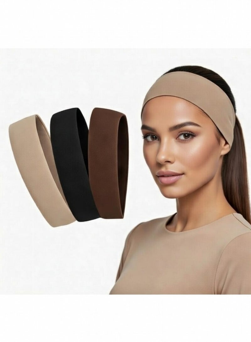 3PCS Cotton Headbands 5CM – Beige, Black & Brown – Stretch Non-Slip Hair Bands for Sports & Daily Wear - Image 1